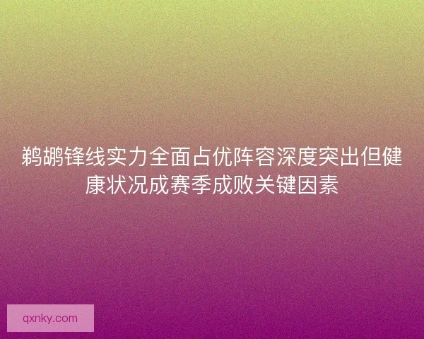 鹈鹕锋线实力全面占优阵容深度突出但健康状况成赛季成败关键因素